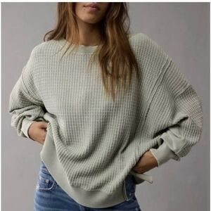 AE Oversized Waffle-Knit Crewneck Sweater in Sage Sz L